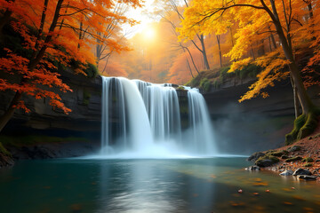Fototapeta premium 4K image of a tranquil Autumn Waterfall with Golden Leaves and Gentle Mist