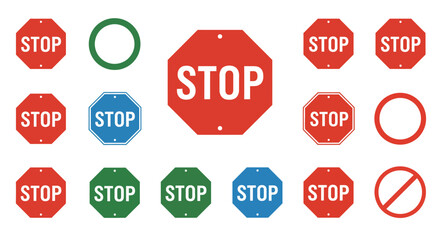 Various stop signs in different colors and shapes displayed on a white background