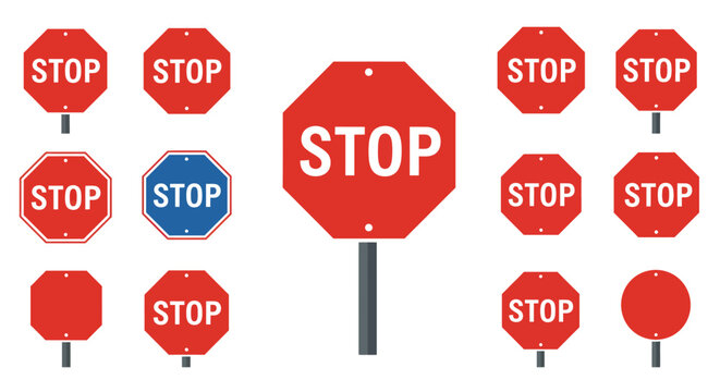 Collection of various stop signs in different shapes and designs displayed together