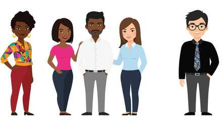 Group of four diverse cartoon characters in a professional setting