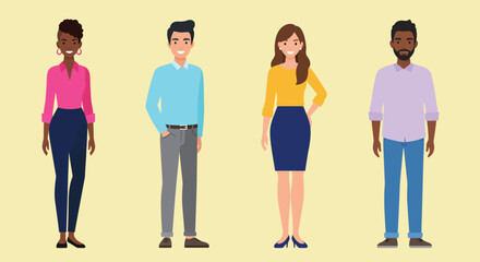 Fototapeta premium Four diverse characters standing together, showcasing unique styles and expressions in a bright setting