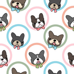 Seamless Pattern with Cute Cartoon French Bulldog Face Design on White Background. Hand Drawn Vector Illustration.