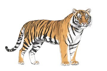 Fototapeta premium Tiger stands on white background, use for wildlife, education, or conservation efforts