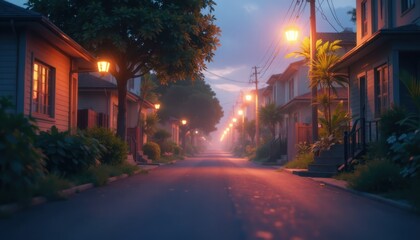Quiet suburban street with lanterns illuminating houses at dusk, representing sustainable living.