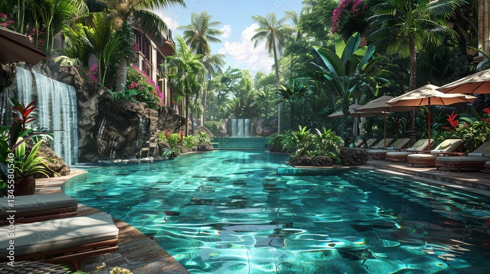 Poster exotic resort features crystal clear pool surrounded by lush greenery and comfortable loungers in a 