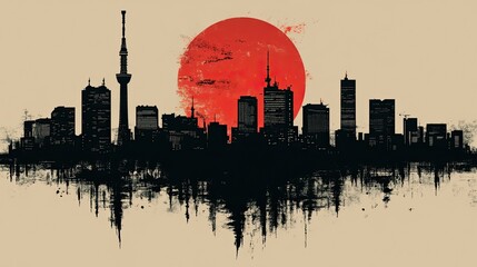 Obraz premium A minimalist drawing of Tokyo's iconic structures against a red sun
