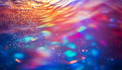 A mesmerizing abstract scene of shimmering, fluid waves blending vivid hues of blue, pink, orange, and gold, creating a dynamic, luminous, and ethereal visual experience
