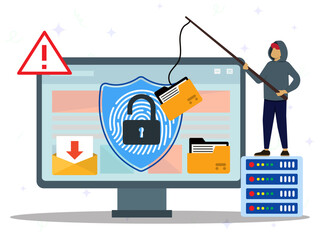 Hacker in hood try to unlock the key and fingerprint on computer and phishing folder. Phishing scam, hacker crime attack, personal data security, stealing password and cyber security.  © AlHanif