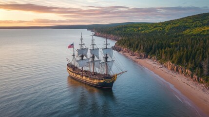 Obraz premium Sailing tall ship adventure coastal bay aerial view nature sunset exploration and history