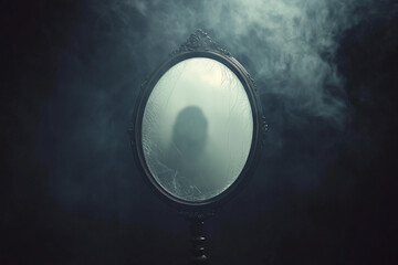 mirror with a ghostly reflection in it. The mirror is foggy and the reflection is blurry. Scene is eerie and mysterious