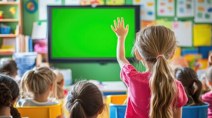 Preschool girl raises hand in class, green screen display.