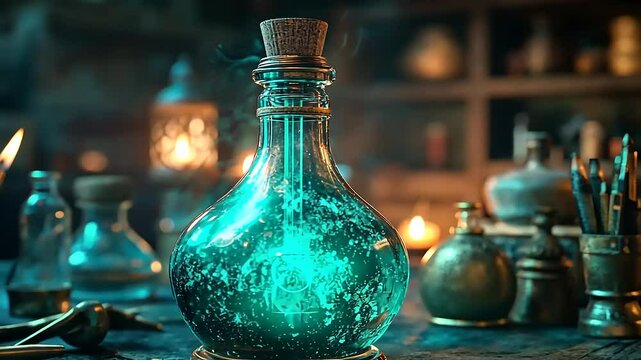 Enchanted potion bottle glowing with blue light, surrounded by mystical objects in a dimly lit apothecary