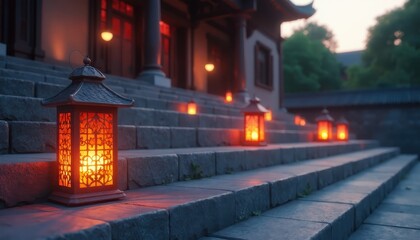 Lanterns adorning steps of a traditional building, creating an inviting atmosphere for Earth Hour.