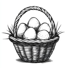 Fototapeta premium Black and White Hatch Style Drawing of Easter Eggs in a Weaved Basket with Grass Accents for Decoration.