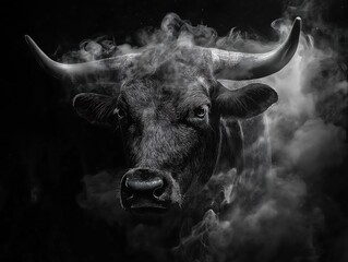 Naklejka premium Majestic Bull Emerging from Smoke: A Monochrome Masterpiece