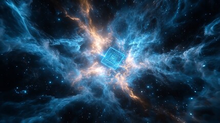 Obraz premium A dark void illuminated by a central glowing quantum chip, intricate circuits radiating neon blue light, pulsating energy waves spreading into the emptiness,