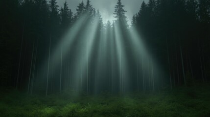 Misty forest light beams