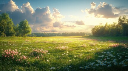 Lush Green Meadow with Wildflowers Under a Golden Sunlight Sky