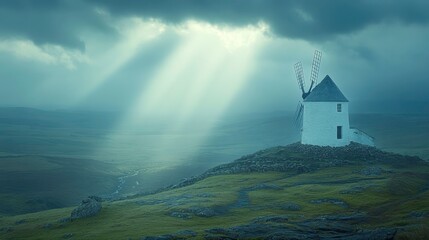 Mysterious windmill bathed in rays of light remote landscape photography dramatic atmosphere side view serenity
