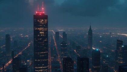 Shadowed city skyline during Earth Hour with illuminated skyscrapers and a dramatic sky.