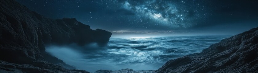 Fototapeta premium Majestic ocean nightscape coastal region landscape photography serene environment wide-angle view nature's beauty