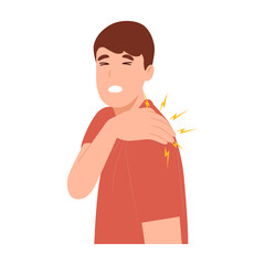 Man athlete injured shoulder feeling muscle pain cramp, shoulder disease, arthritis, flat vector illustration