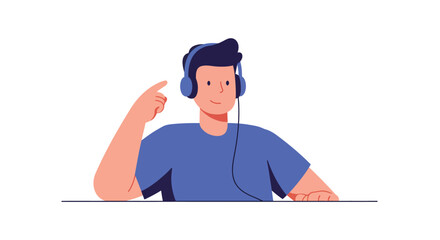 Young man wearing headphones in a flat design style vector art