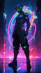 Futuristic cybernetic figure stands confidently in neon-lit urban environment at night