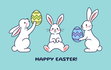 Easter character bunnies, rabbits, hares with painted eggs. Vector flat design, outline illustration. Easter character icon, mascot, sticker. Greeting card, postcard, Happy Easter concept