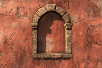 Stone arch niche in aged stucco wall.