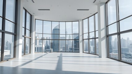 empty open plan interior with large windows with megalopolis view with a whitish white tone