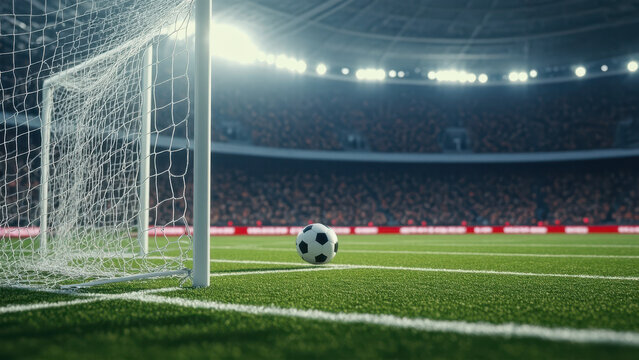 A close-up view of a soccer ball near the goal in a vibrant stadium during a match