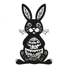 Fototapeta premium Elegant Black & White Easter Bunny Holding a Decorated Egg, Minimalist Design, and Cute Springtime Holiday Illustration.