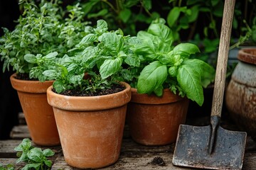 Fototapeta premium Terracotta pots with mint basil and thyme beside a rustic spade