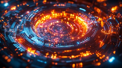 Obraz premium A futuristic quantum processor glowing intensely, pulsating with dynamic streams of colorful energy, neon-lit circuits radiating outward,