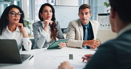 Interview, listen or business people with investors in meeting for planning, charts or capital...