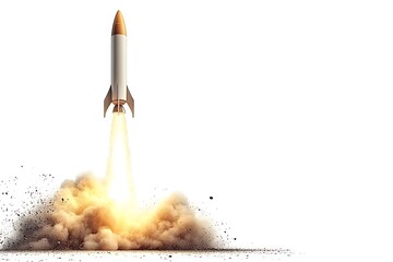 Fototapeta premium Rocket launch on a white backdrop. Future of space exploration, innovation, goal