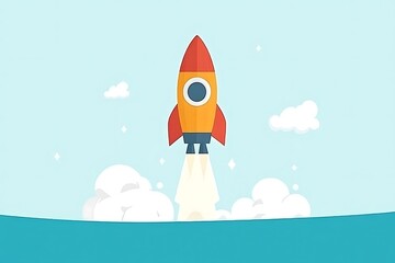 Rocket launching with clouds and stars in sky, concept for business, startups