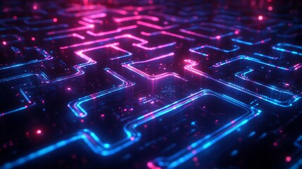 Obraz premium A glowing maze-like network of quantum circuits, intricate patterns forming an abstract labyrinth, vibrant neon colors of blue and purple illuminating the dark background,
