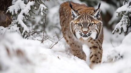 Obraz premium Stealthy lynx creeping through a snow laden forest its tufted ears twitching as it listens for prey