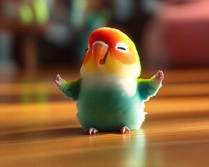Happy Lovebird Meditates on Wood Floor.