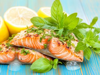 Grilled Salmon for Lemon, Basil, Wooden Table.
