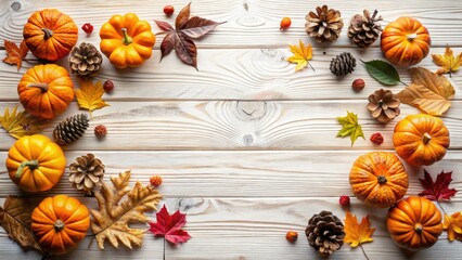 Autumn Flat Lay Photography: Long Exposure Wooden Background with Pumpkins, Pine Cones & Leaves