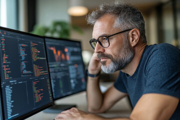Fototapeta premium focused software developer analyzing code on dual monitors