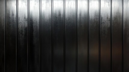 Obraz premium Smooth black metal wall with vertical panels reflecting light, ideal for modern design backgrounds