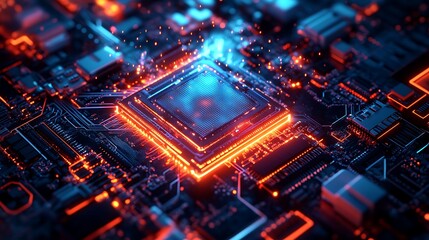 Obraz premium A glowing quantum core radiating intense energy, surrounded by interconnected circuits with vibrant neon colors, abstract holographic layers creating depth,