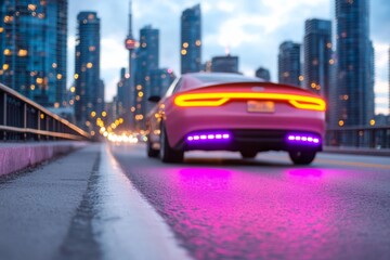 sleek car with vibrant pink lights drives through city