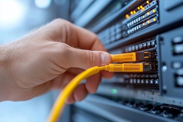 Hand connecting yellow network cables to server equipment