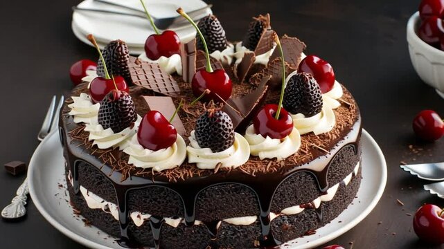 Black Forest Cake. A German cake made from chocolate sponge layers, whipped cream, and cherries, often garnished with chocolate shavings.