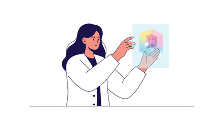 Naklejka premium Scientist showcasing holographic shapes in flat modern style vector art